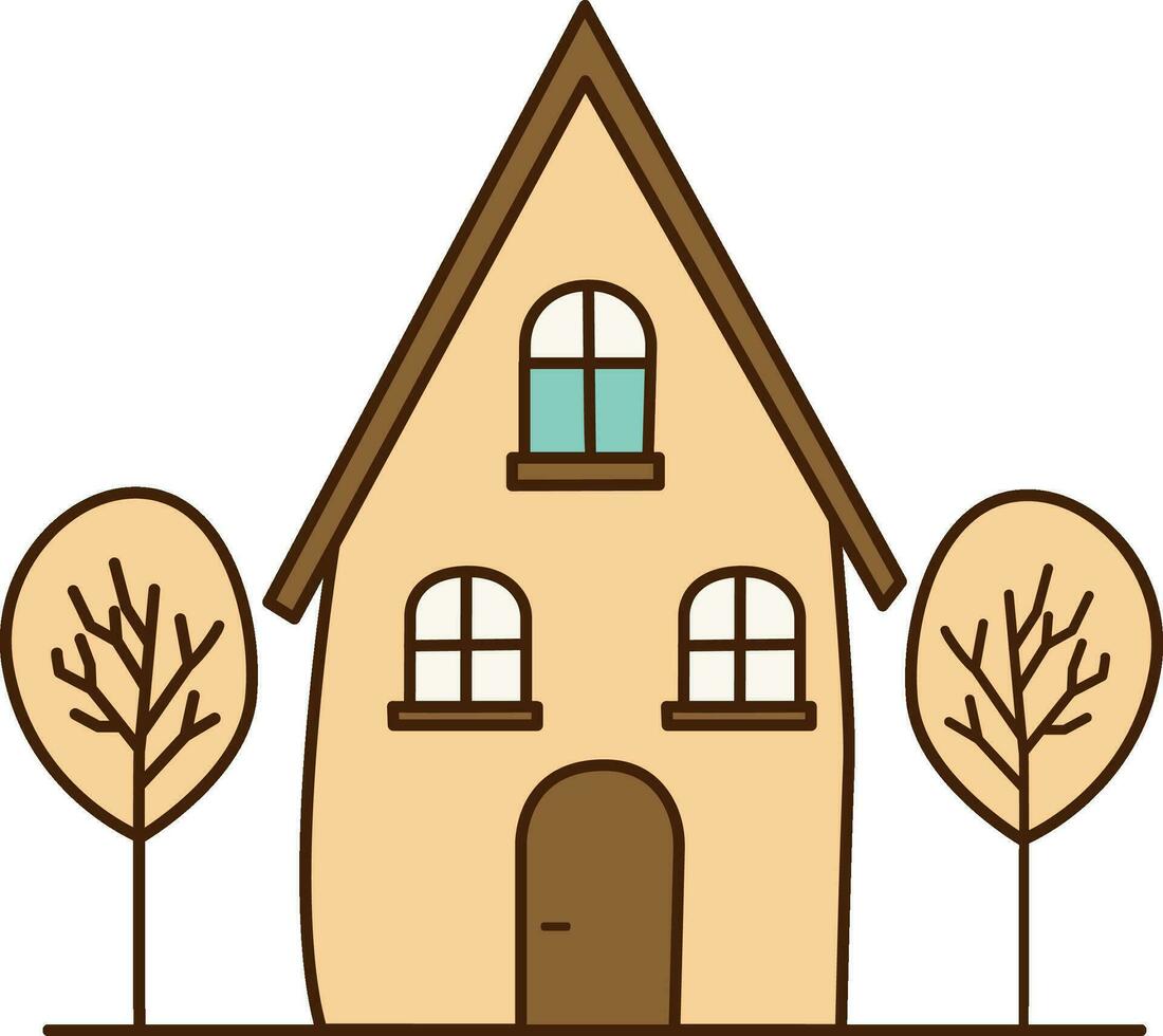Vector cartoon house with two tree icon. Vector house with brown roof icon.