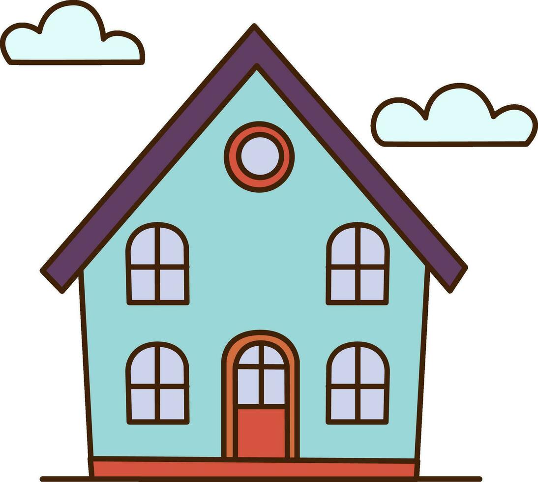 Vector cartoon blue house with clouds on the sky icon. Vector house with red door and purple roof icon.