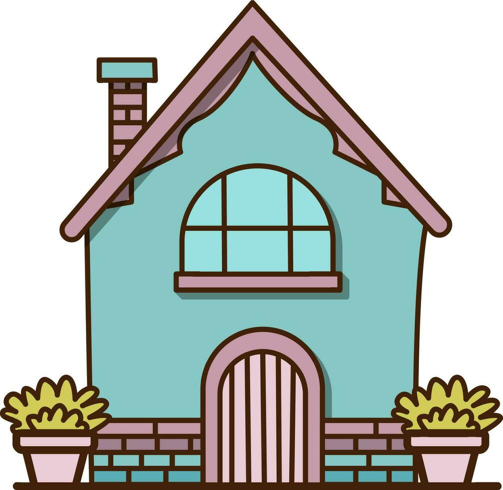 Vecot little blue house built with bricks icon. Vector old house with large pots next to it and flue icon.