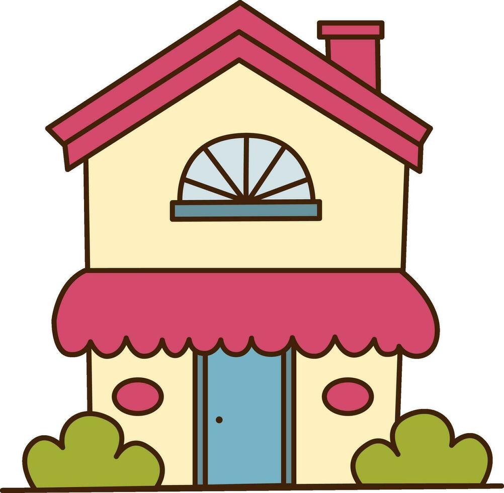 Vector cartoon house with pink roof icon. Vector cute house witn some grass in the yard icon.