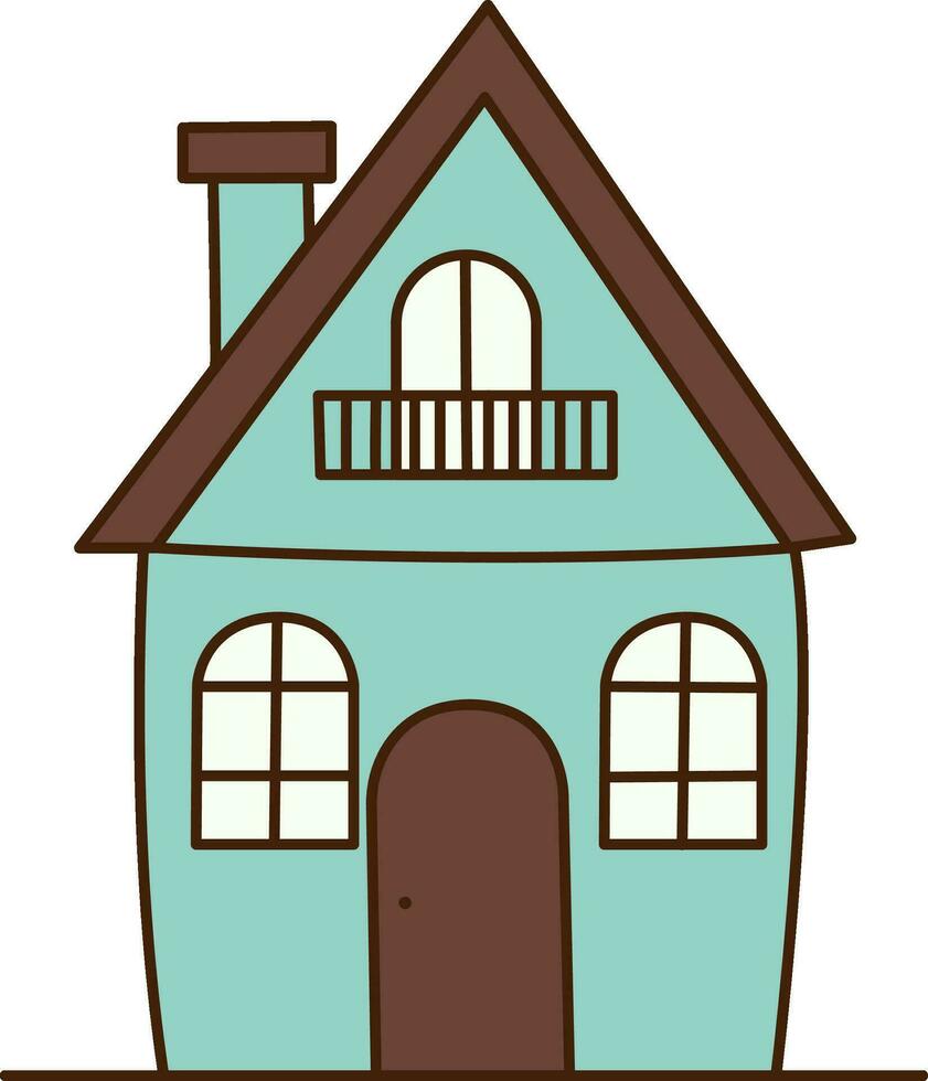 Vector cartoon house with brown roof and flue icon. Vector house with balcony icon.