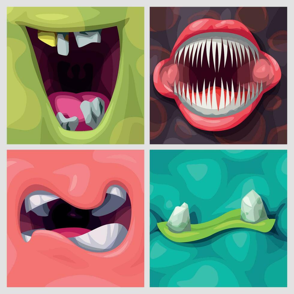 dibujos animados varios vistoso monstruo bocas en conjunto vector