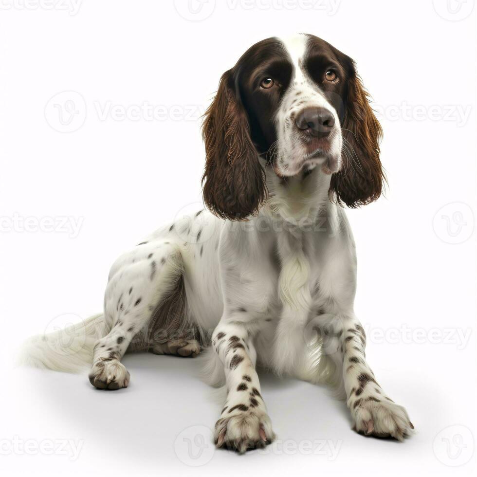 Elnglish springer spaniel breed dog isolated on a bright white background photo