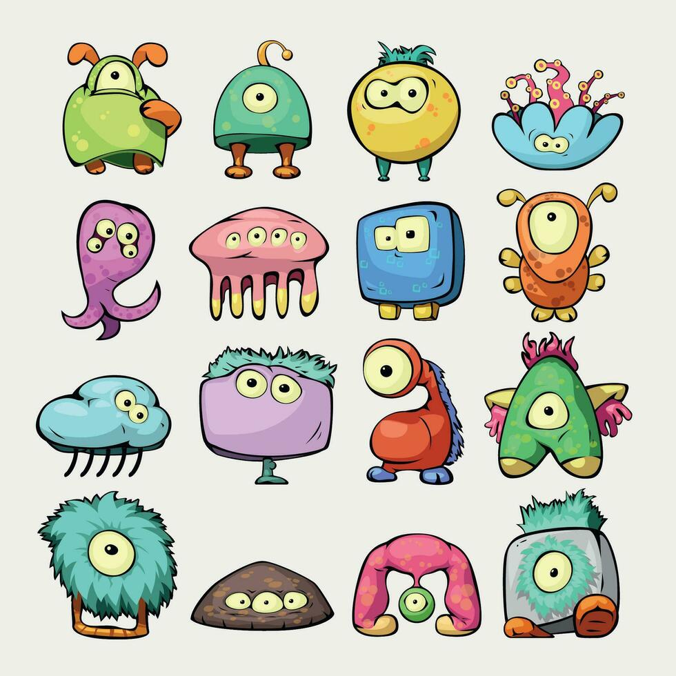 cute various monsters in set on white vector