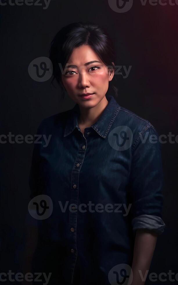 portrait photo of beautiful middle aged asian woman in dark room with light in background, generative AI