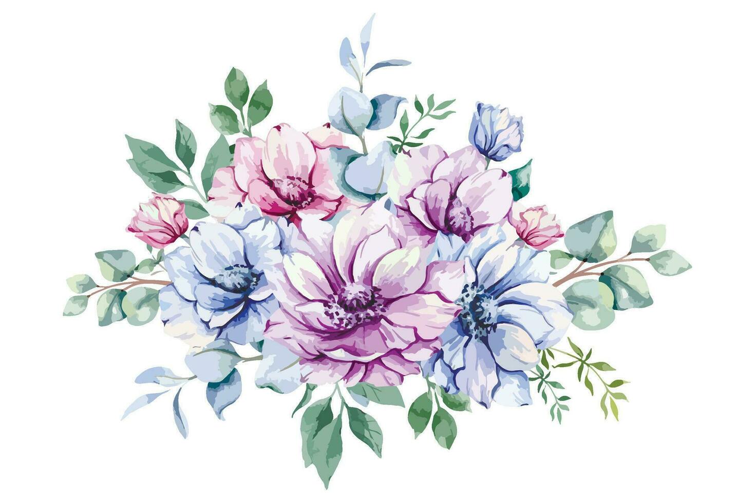 Anemone Flowers Watercolor Illustration. Blue, Pink and Purple Anemones Hand Painted isolated on white background.  Perfect for wedding invitations, bridal shower and  floral greeting cards vector