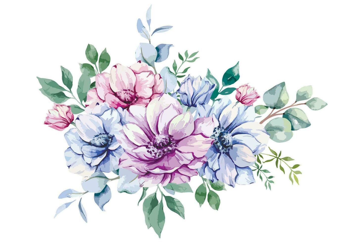 Anemone Flowers Watercolor Illustration. Blue, Pink and Purple Anemones Hand Painted isolated on white background.  Perfect for wedding invitations, bridal shower and  floral greeting cards vector