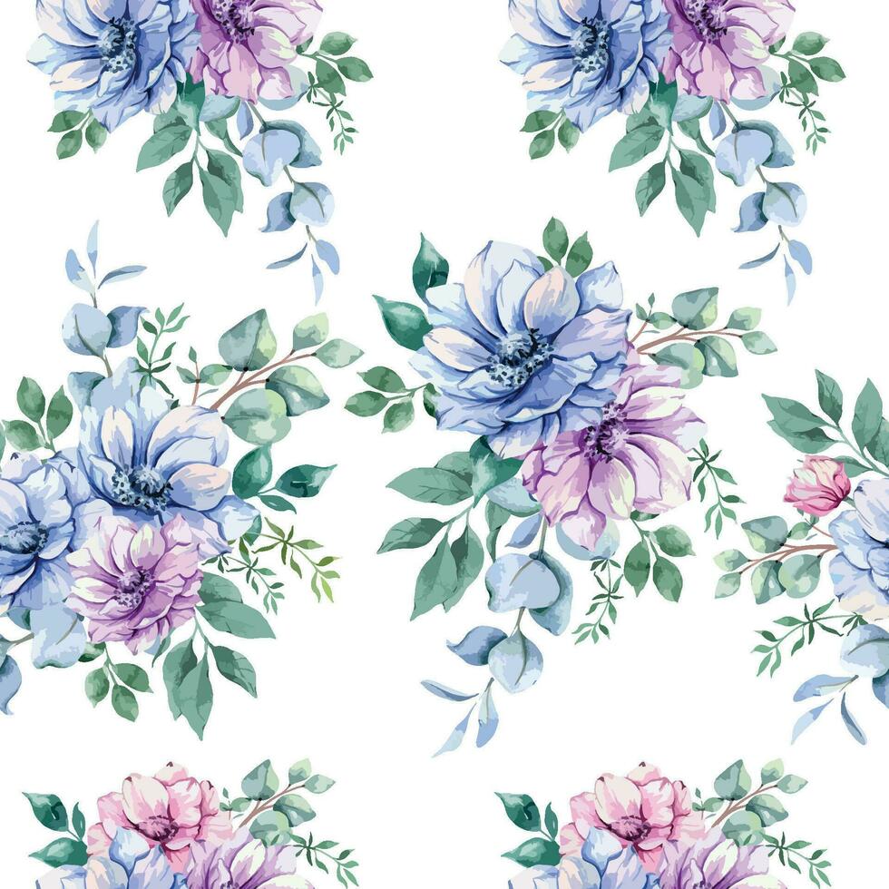 Elegant floral Seamless pattern with watercolor anemone flowers and greenery. Seamless floral background in pink, blue and purple colors vector