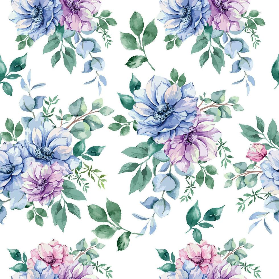 elegante floral sin costura modelo con acuarela anémona flores y verdor. sin costura floral antecedentes en rosa, azul y púrpura colores vector