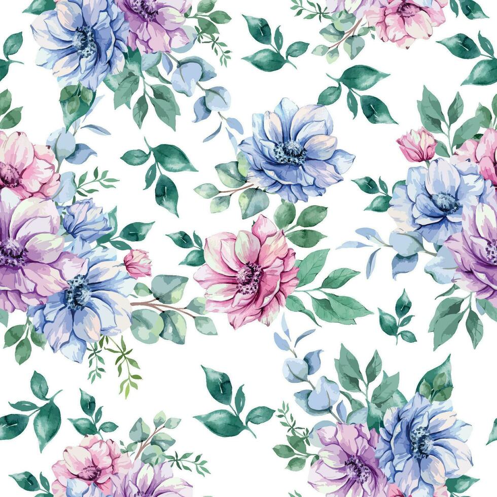 Elegant floral Seamless pattern with watercolor anemone flowers and greenery. Seamless floral background in pink, blue and purple colors vector