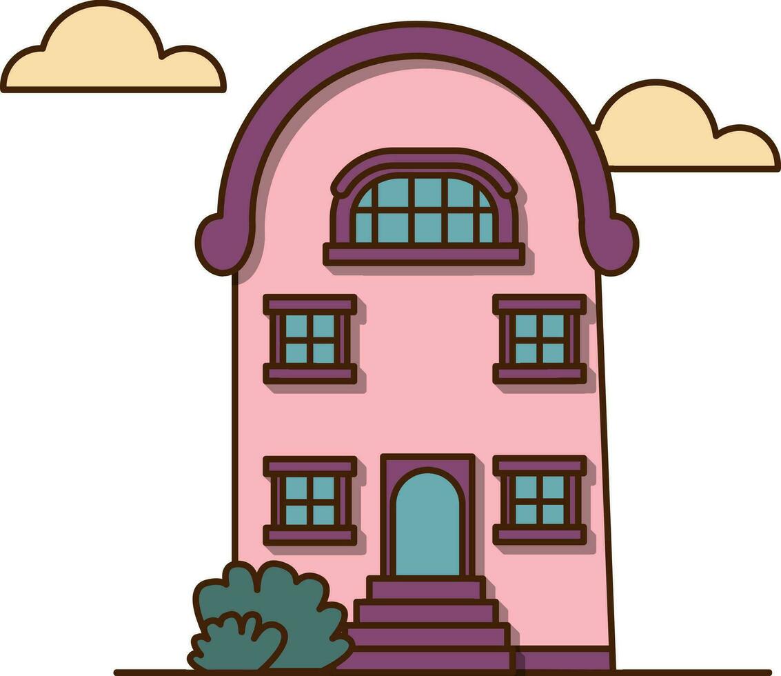 Vector Pink house with an unusual shape icon. Vector house with five windows and clouds in the sky icon.