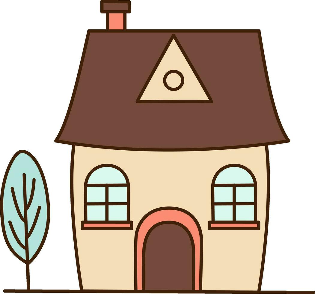 Vector cartoon pink house and brown door icon. Vector small beautiful house with brown roof and tree icon.