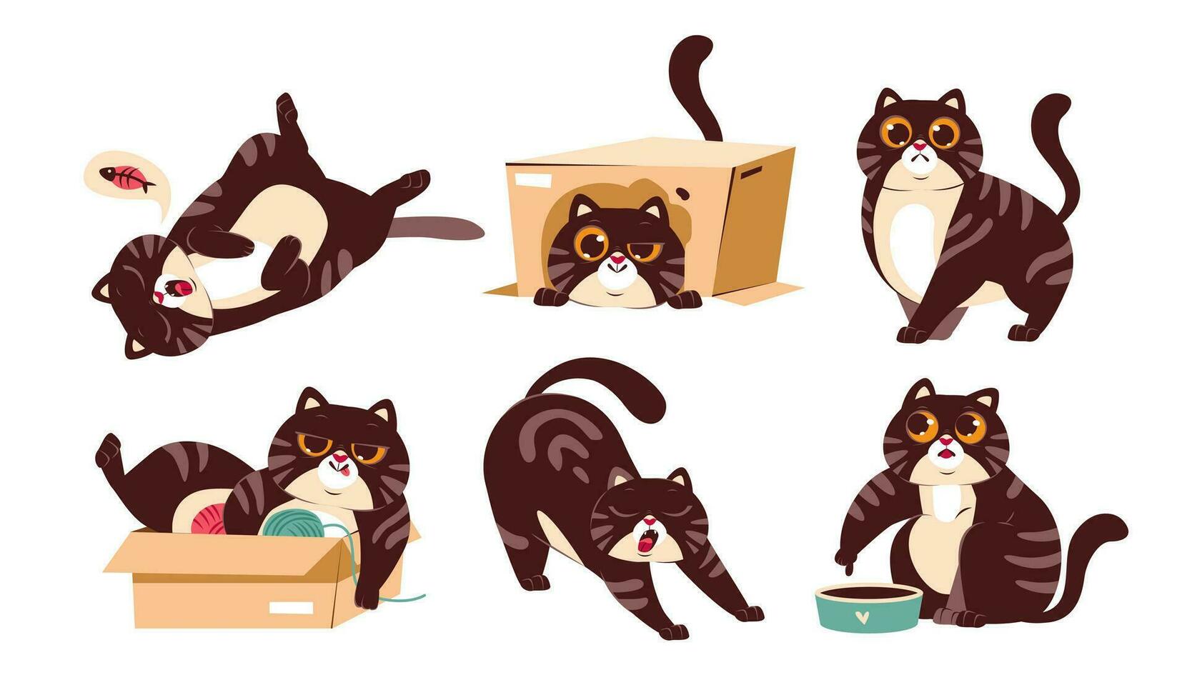 Cute cat is playing, sleeping, eating. A set of funny illustrations of the life of a pet. Playful cat poses. Cartoon vector illustration.