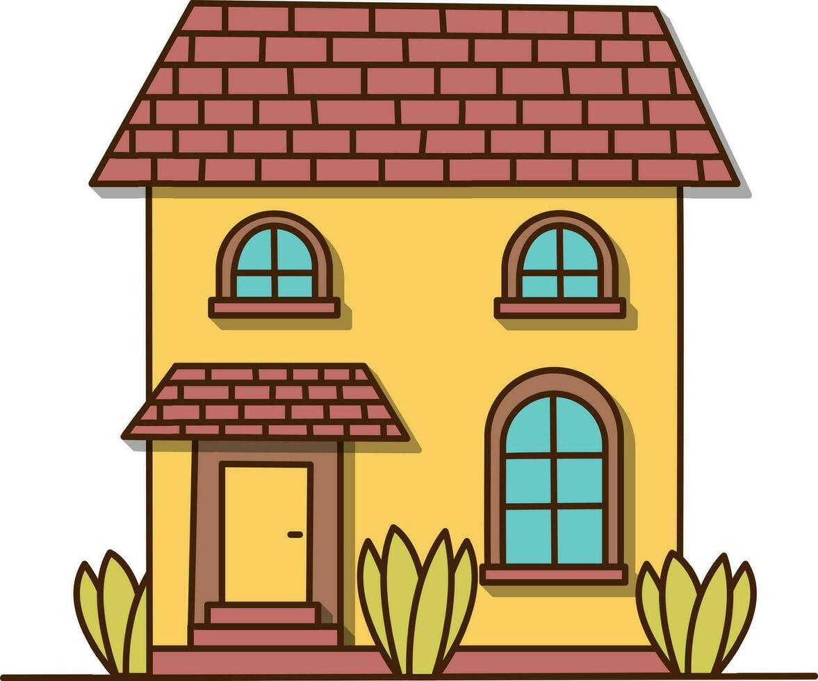 Vector small yellow house with three bushes icon. Vector house with a red roof and bricks icon.