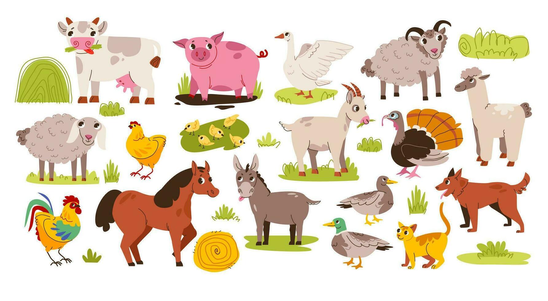 Cute farm animals set. A variety of funny farm animals in a cartoon flat style. Hand drawn colored trendy Vector illustrations.