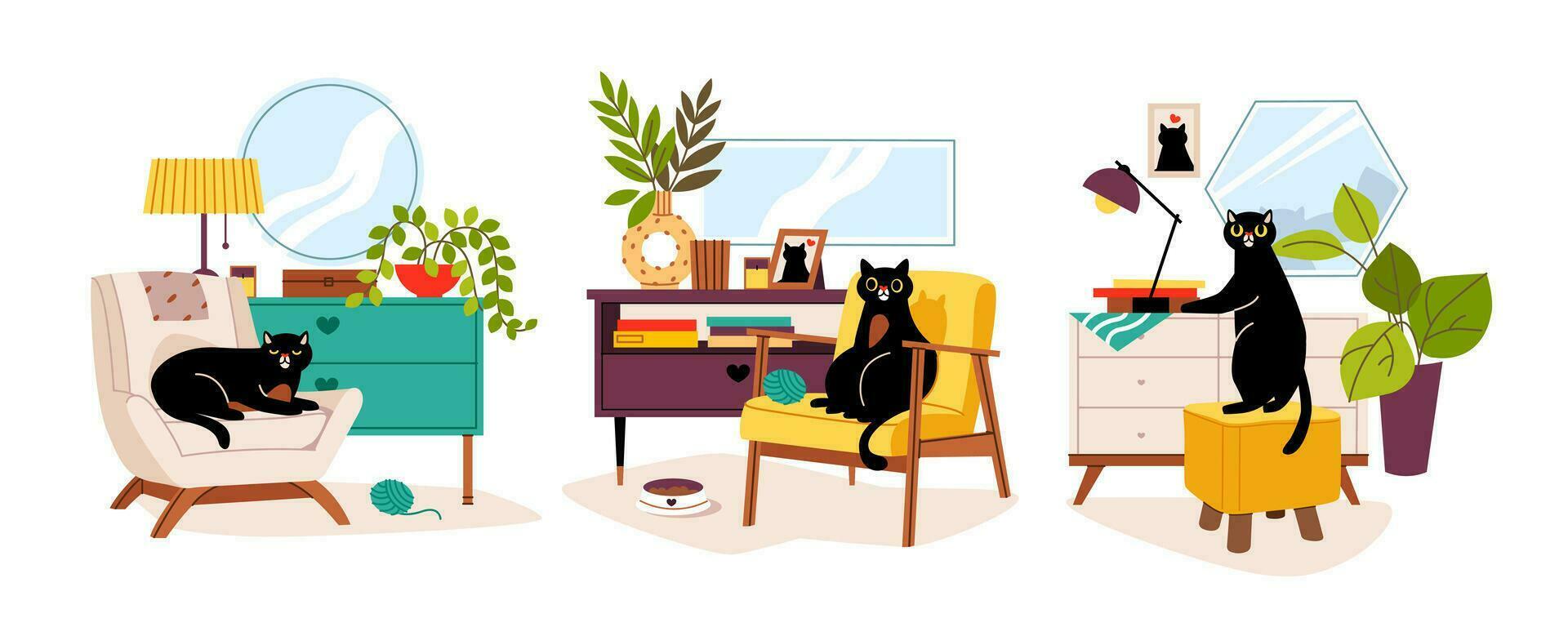 Cozy interior of a room with cats. Comfortable apartment with pets and potted plants. Flat modern vector illustration.