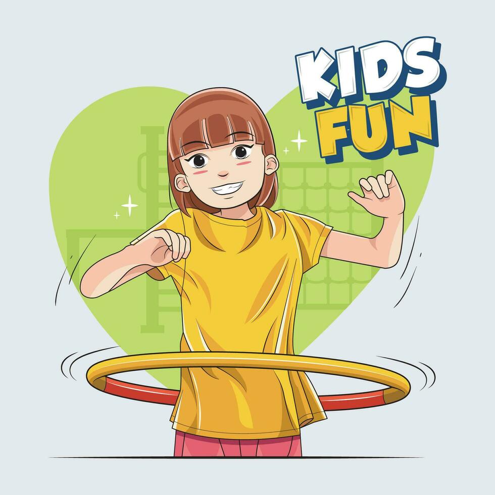 Kids fun. Happy girl playing hula hoop vector illustration pro download