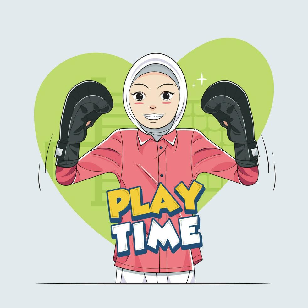 Tiempo de juego. niño en el patio de juegos. hijab muchachas amor boxeo y marcial letras vector ilustración gratis descargar