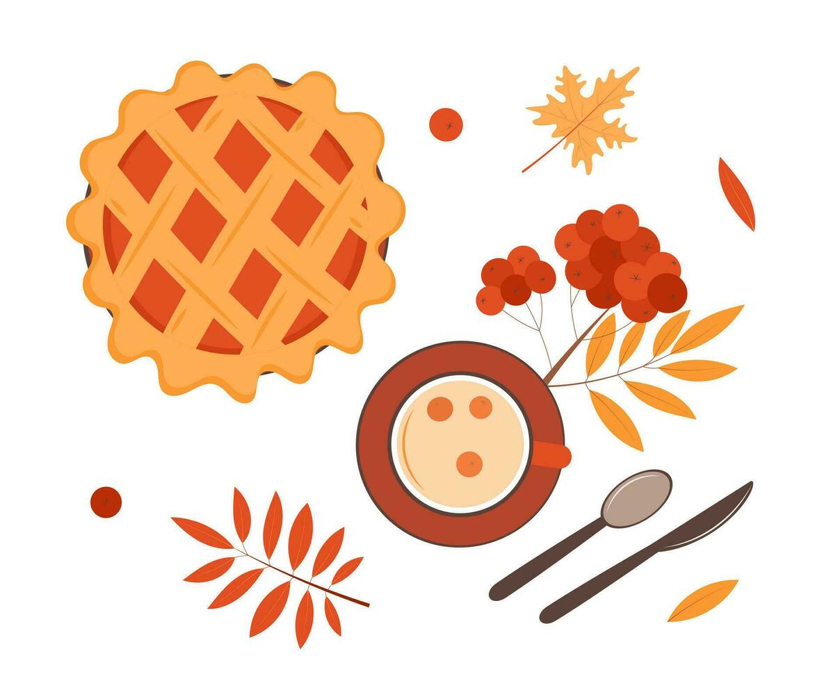 Autumn set of tea, pie, berries, leaves. Thanksgiving Day. Vector illustration.