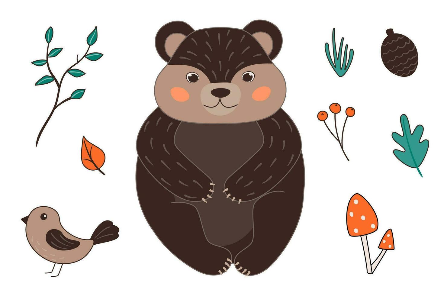 Vector illustration with cute bear, bird, mushrooms, cone, twig in cartoon style. Forest animals and plants.