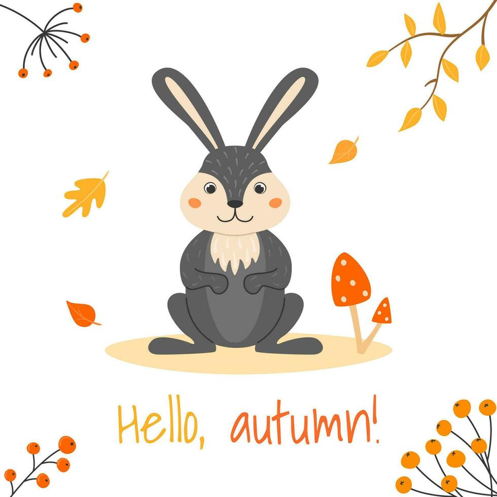 Vector illustration with cute bunny and mushroom in cartoon style. Forest animals and plants. Hello, autumn.