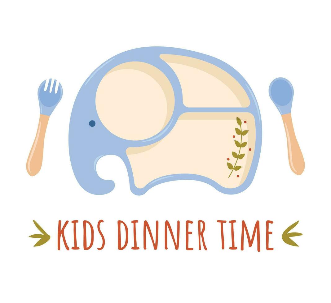 Kids plate, fork and spoon silicone dishware for baby vector. White background. Kids Dinner Time vector