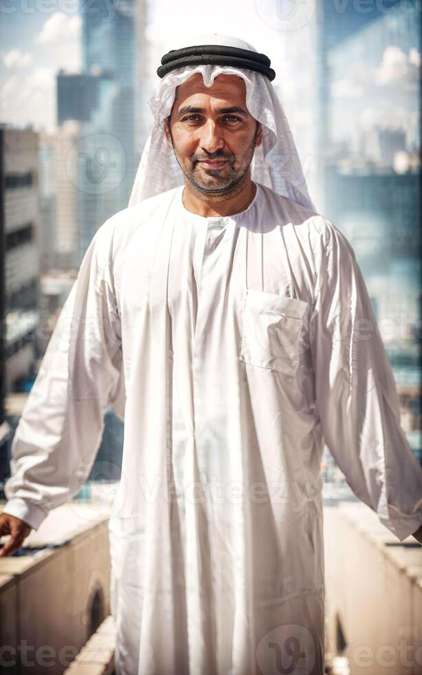 rich arab businessman in Traditional White Outfit in big city in background, generative AI photo