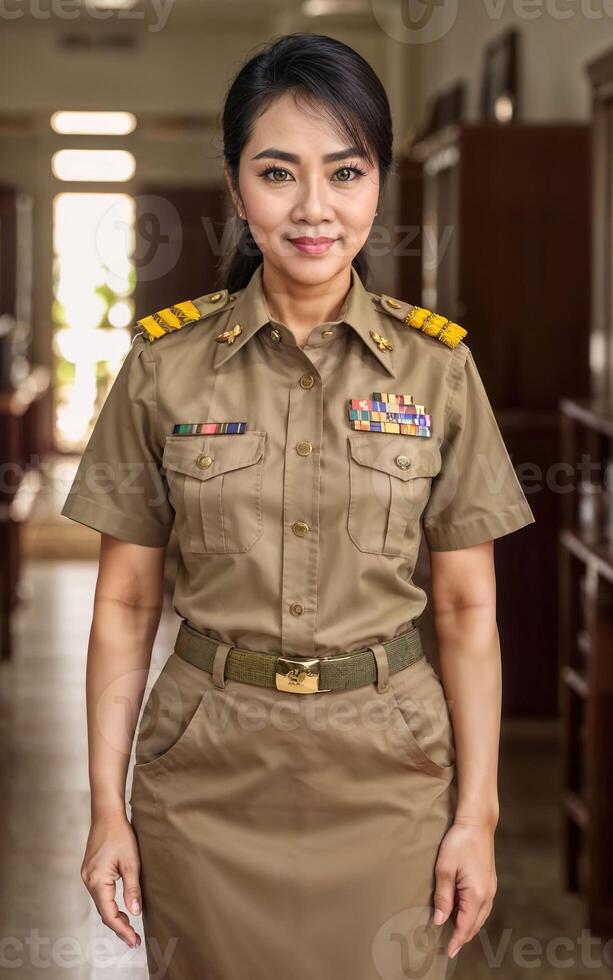 photo of middle aged asian woman in Thai teacher uniform,