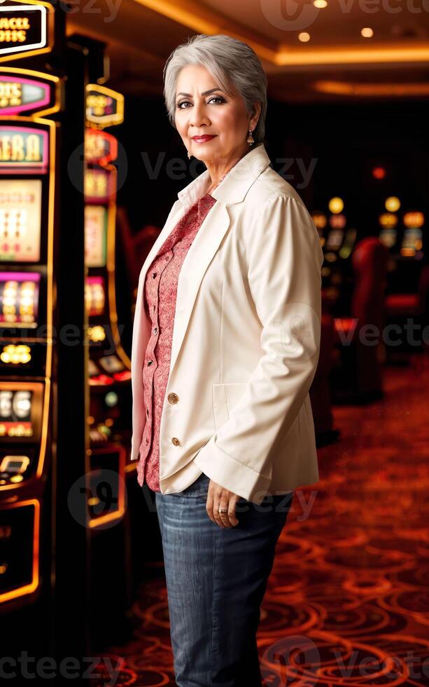 middle aged indian woman at luxury casino, generative AI photo