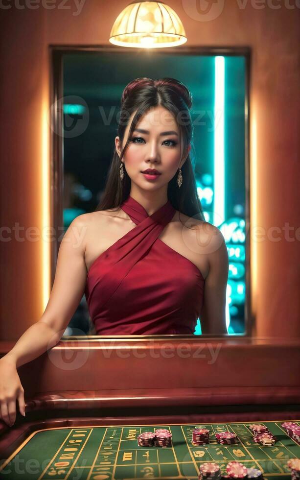 pretty young asian woman at gambling casino lounge, generative AI photo