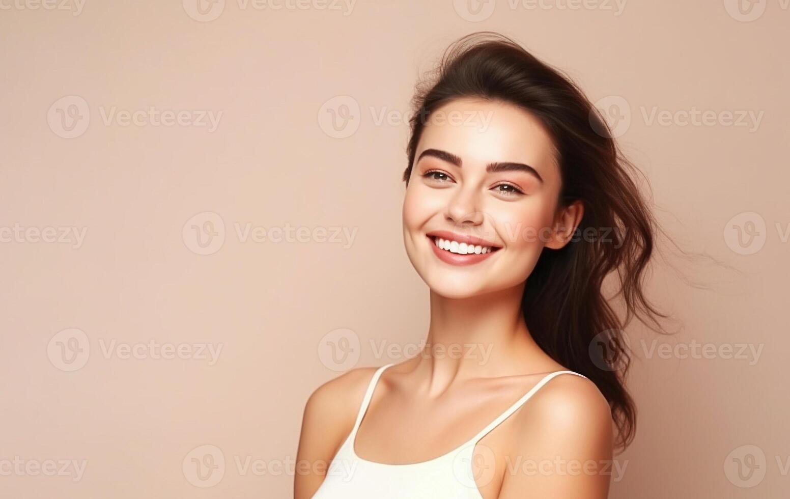 Ai generative. A lovely young girl with beautiful clean skin is smiling. photo