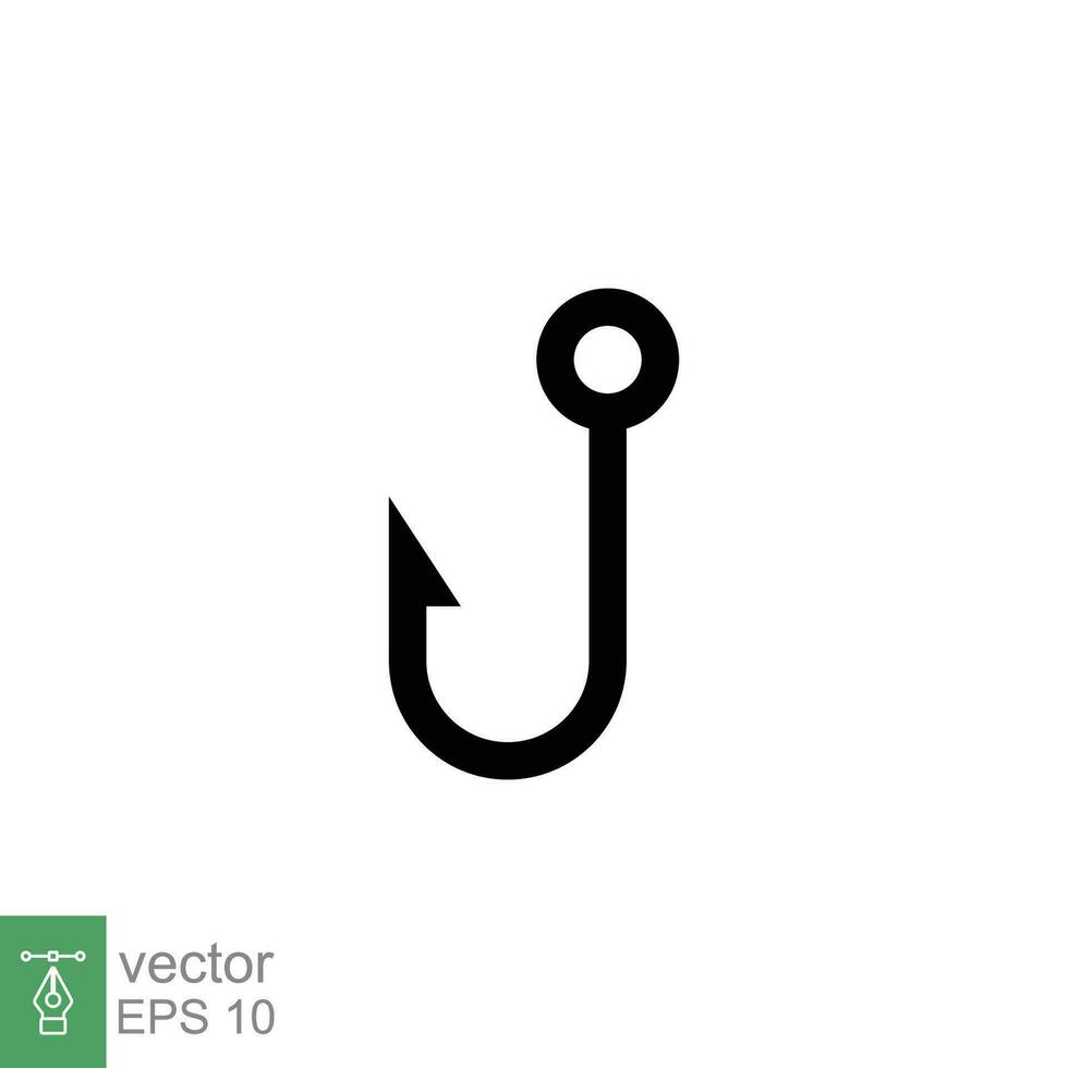 Fish hook icon. Simple flat style. Fishhook, angler, trap, metal sharp needle, fishing equipment concept. Black silhouette, glyph symbol. Vector illustration isolated on white background. EPS 10.