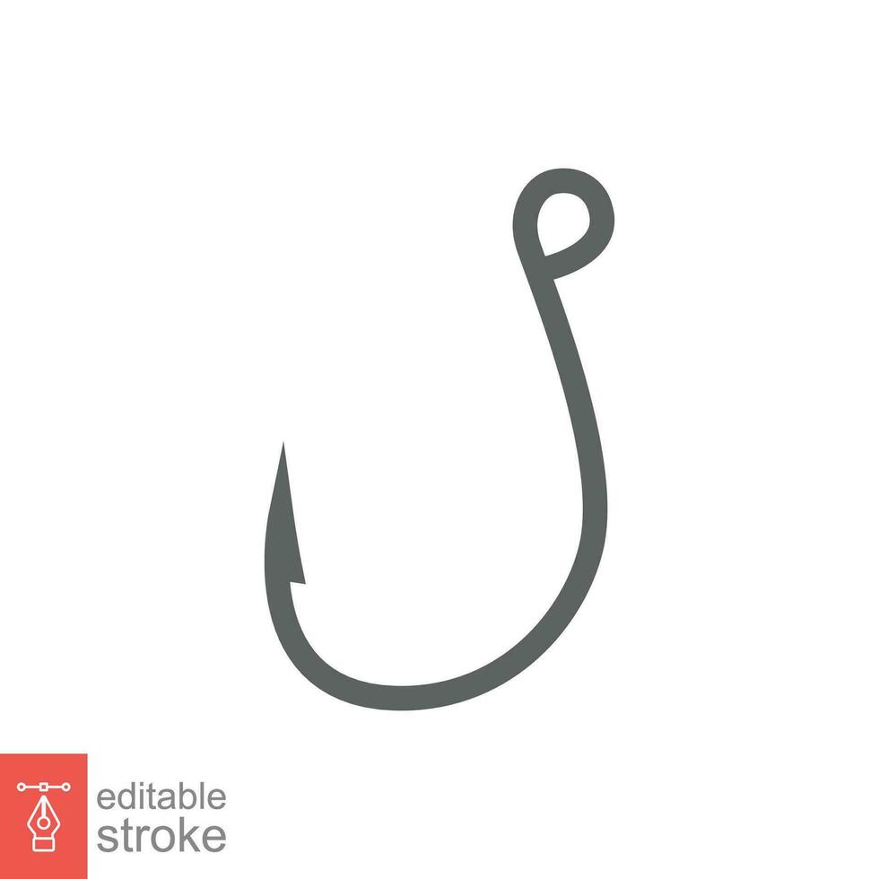 Fish hook icon. Simple outline style. Fishhook, angler, trap, metal sharp needle, fishing equipment concept. Thin line symbol. Vector illustration isolated on white background. Editable stroke EPS 10.