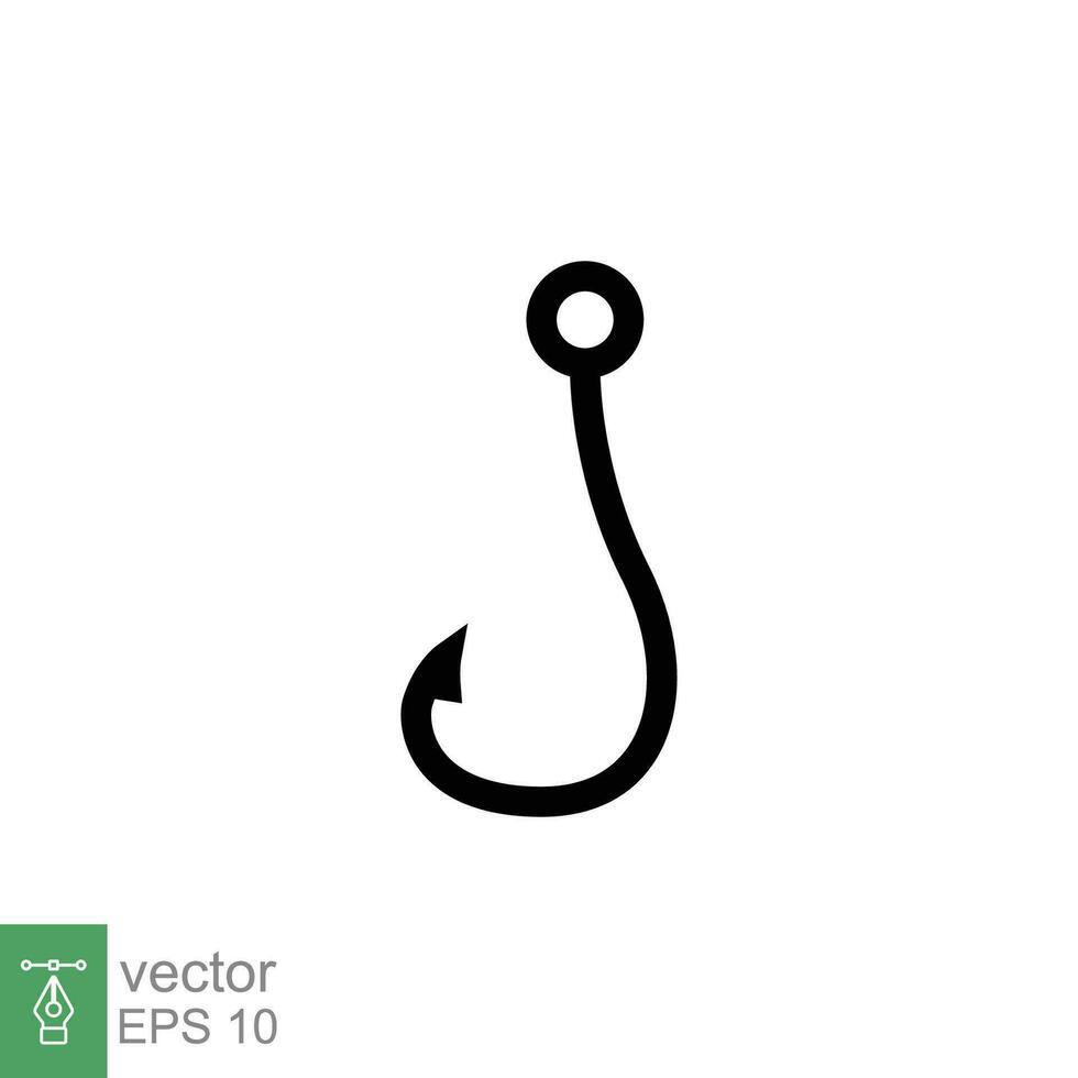 Fish hook icon. Simple flat style. Fishhook, angler, trap, metal sharp needle, fishing equipment concept. Black silhouette, glyph symbol. Vector illustration isolated on white background. EPS 10.