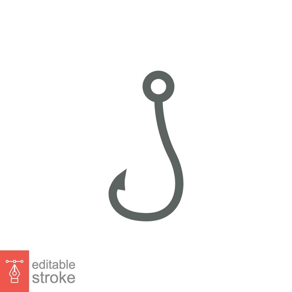 Fish hook icon. Simple outline style. Fishhook, angler, trap, metal sharp needle, fishing equipment concept. Thin line symbol. Vector illustration isolated on white background. Editable stroke EPS 10.