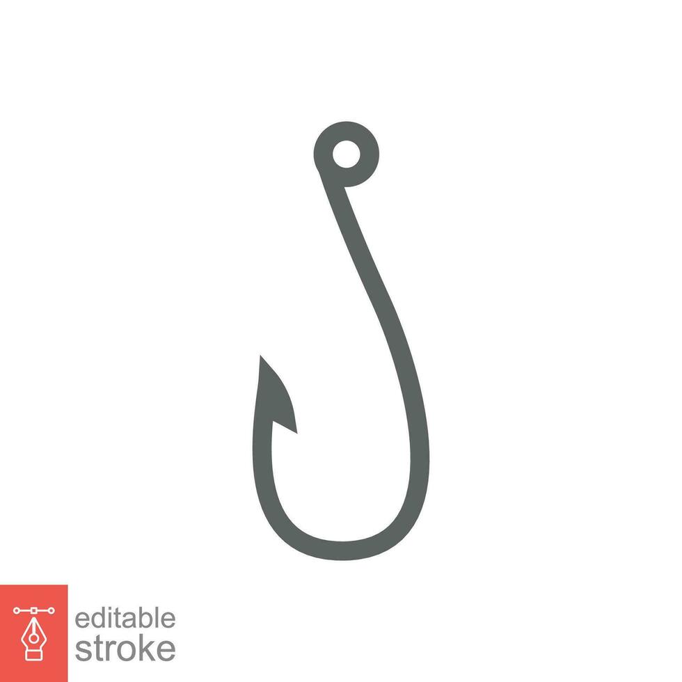 Fish hook icon. Simple outline style. Fishhook, angler, trap, metal sharp needle, fishing equipment concept. Thin line symbol. Vector illustration isolated on white background. Editable stroke EPS 10.