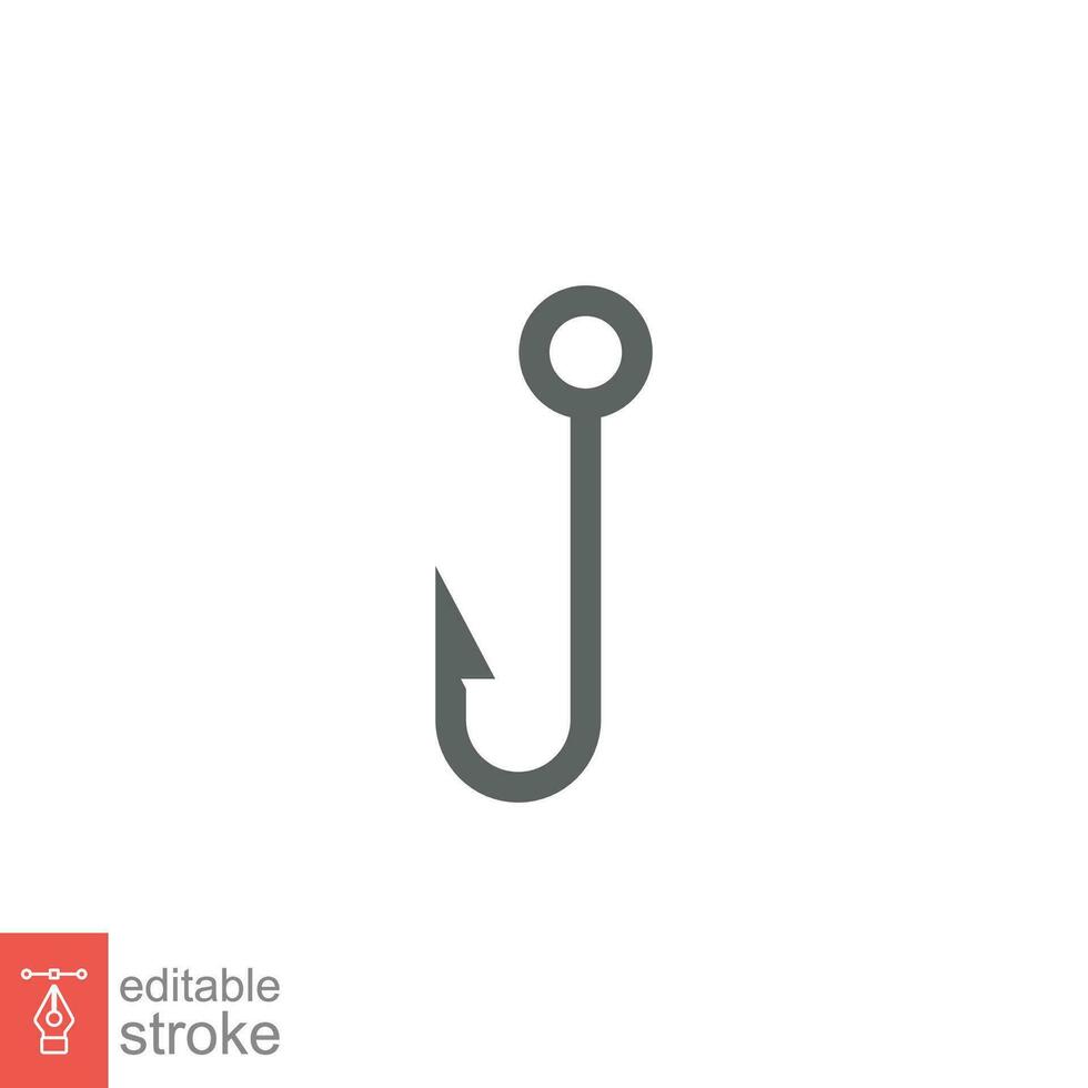 Fish hook icon. Simple outline style. Fishhook, angler, trap, metal sharp needle, fishing equipment concept. Thin line symbol. Vector illustration isolated on white background. Editable stroke EPS 10.