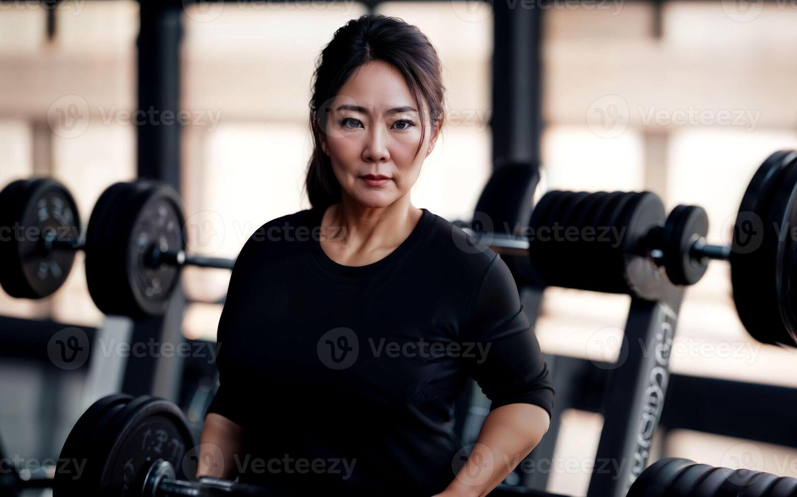 sano medio Envejecido dama mujer en deporte vestir a gimnasia, generativo ai foto