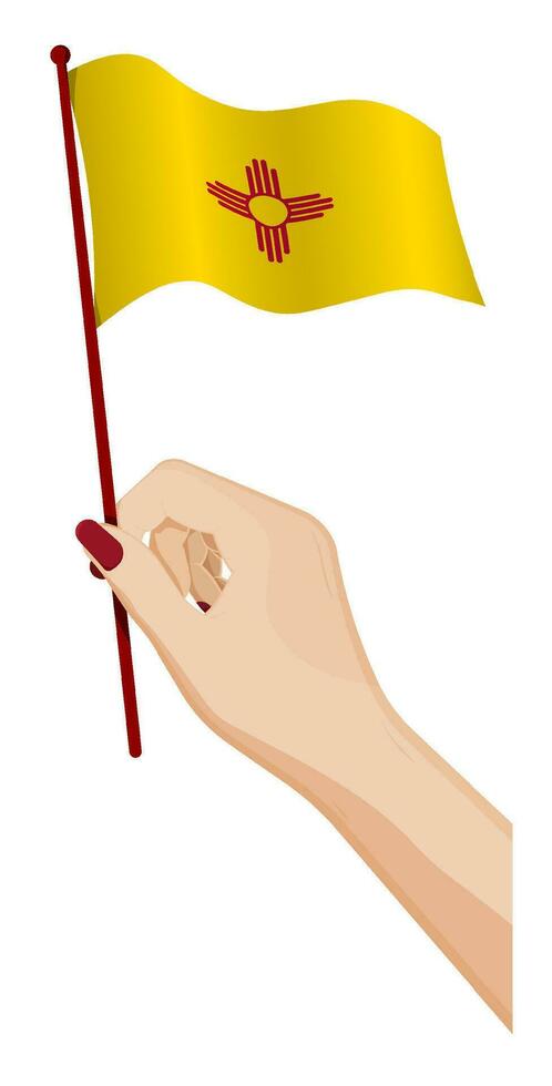 Female hand gently holds small flag of american state of New Mexico. Holiday design element. Cartoon vector on white background