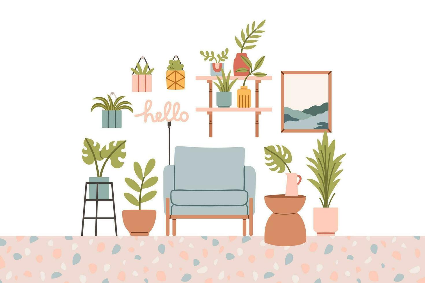 Living room interior set with armchair, bookshelves with many plants. Vector flat style collection of furniture for house isolated on white background. Vector illustration