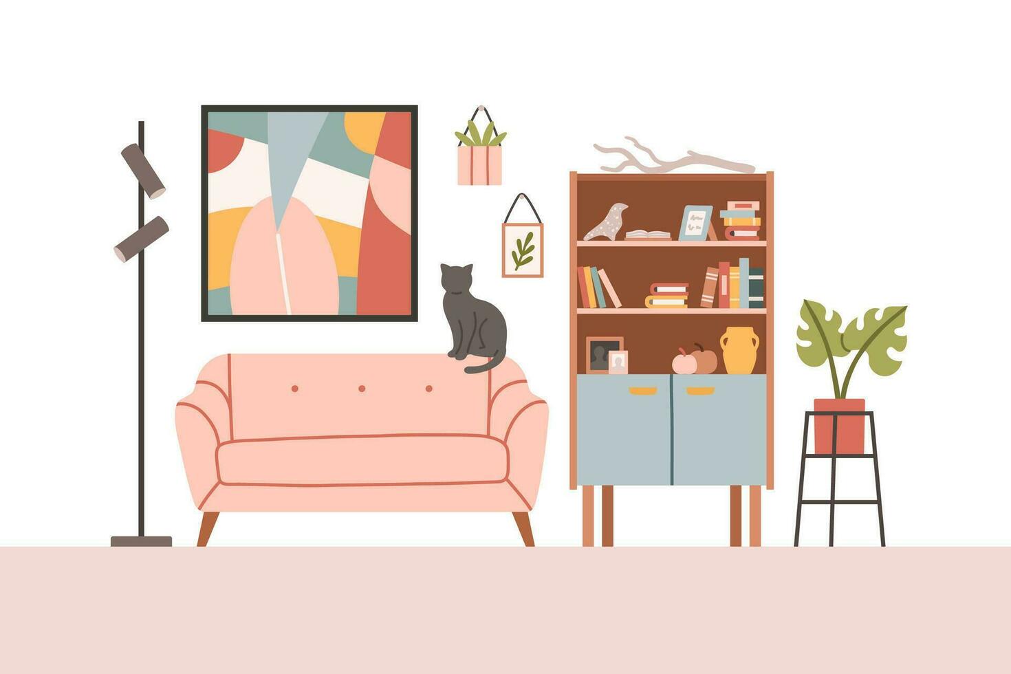 vivo habitación interior conjunto con sofá, sillón, estantería. vector plano estilo colección de mueble para casa aislado en blanco antecedentes. vector ilustración