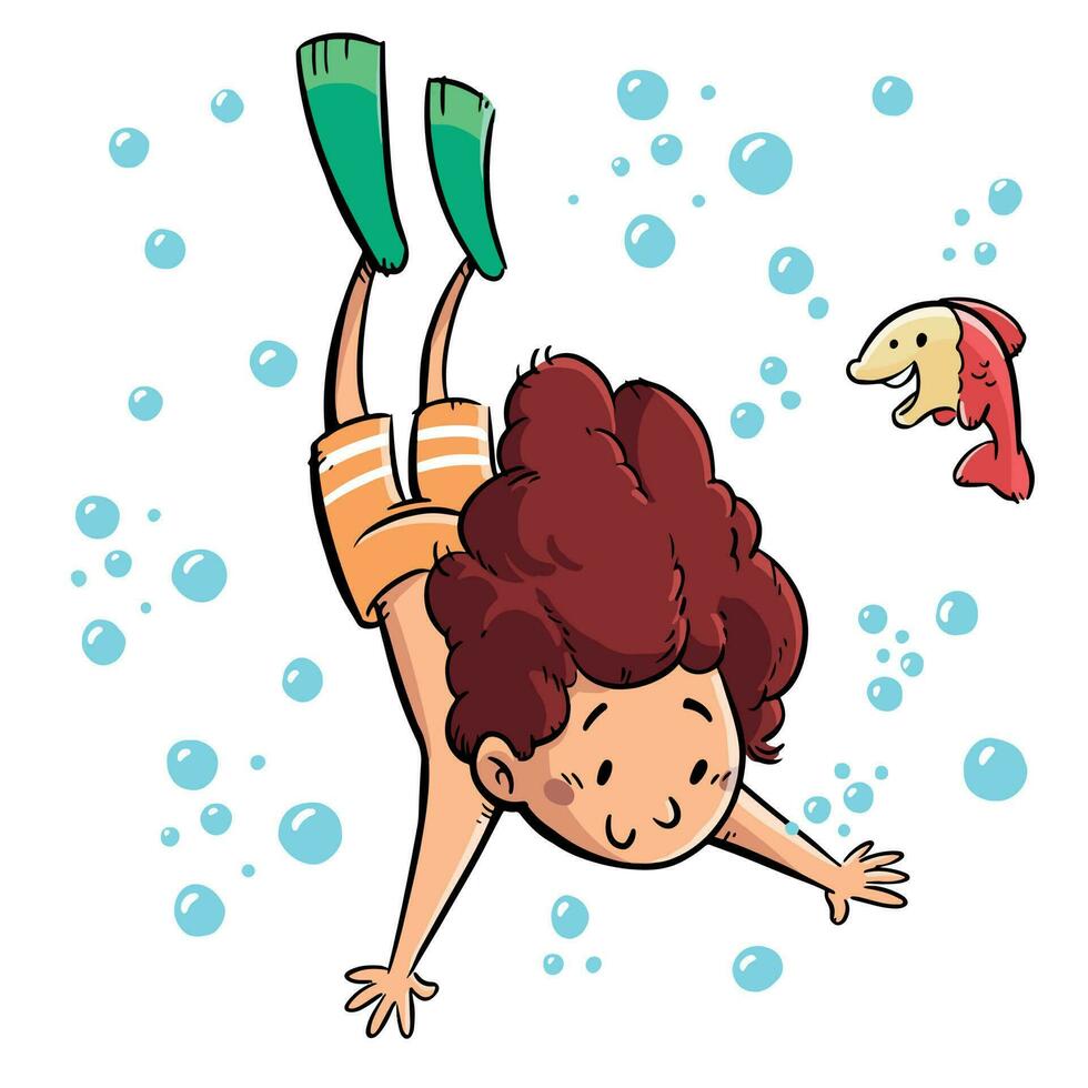 para niños ilustración de un niña buceo rodeado por burbujas y un divertido pescado vector
