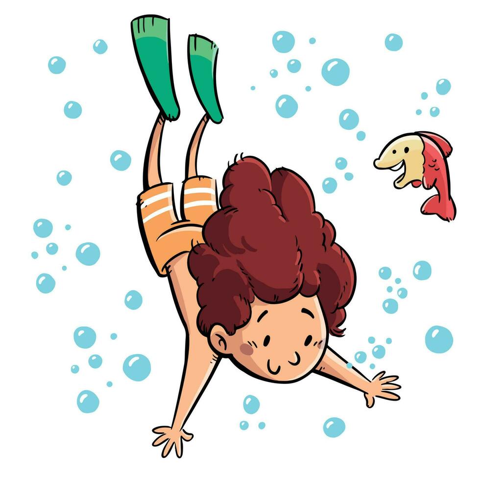 Children's illustration of a girl diving surrounded by bubbles and a fun fish vector