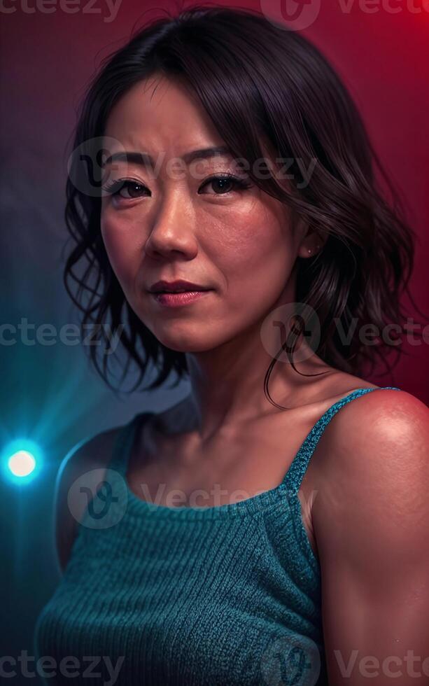 portrait photo of beautiful middle aged asian woman in dark room with light in background,