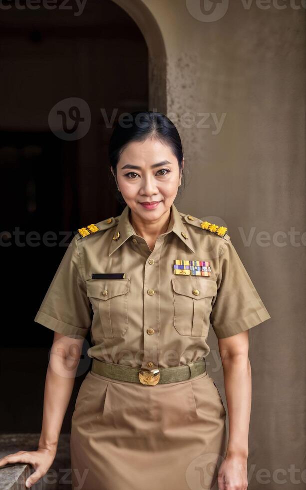 foto de medio Envejecido asiático mujer en tailandés profesor uniforme, generativo ai