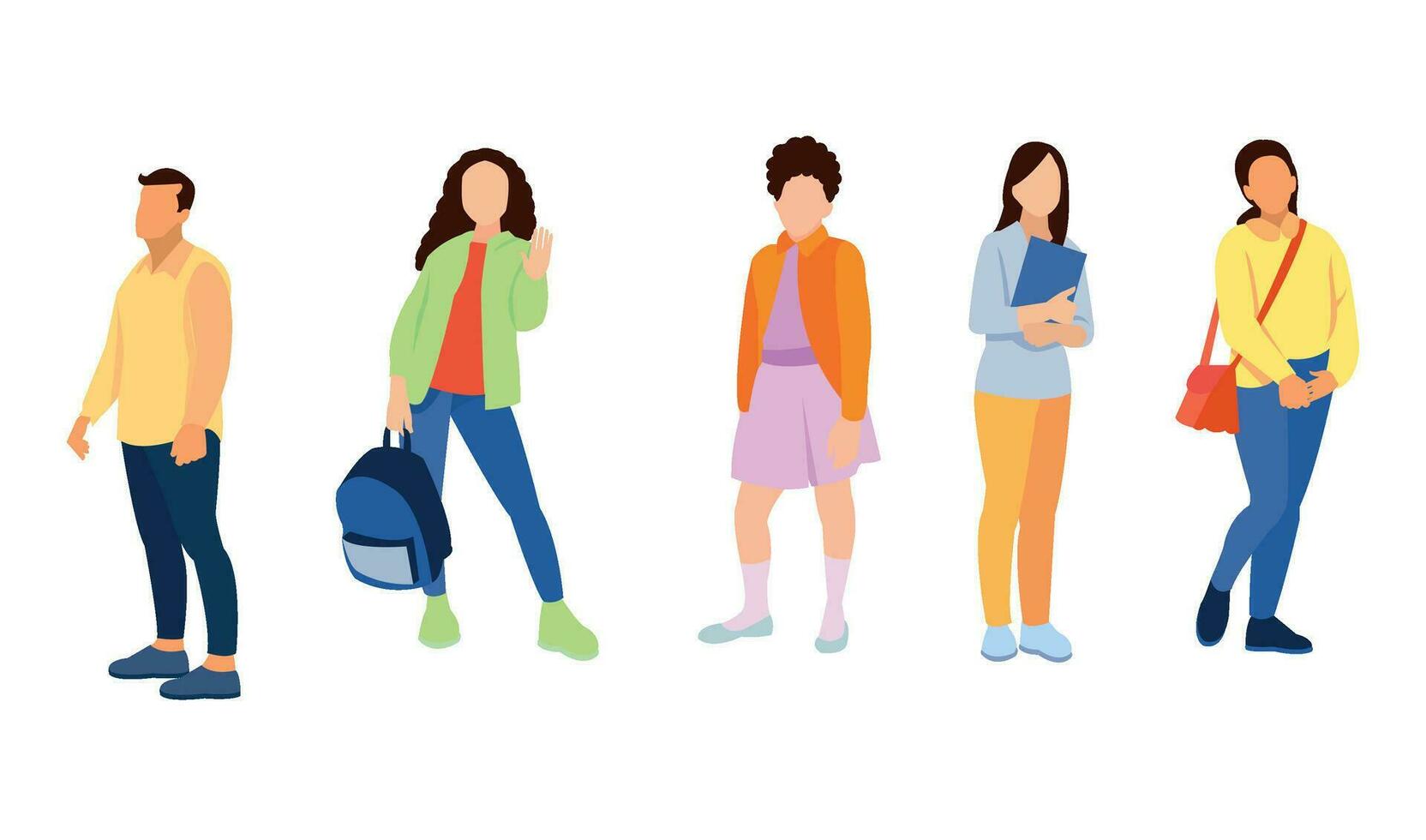 grupo de multicultural estudiantes plano vector ilustración. joven muchachas y Niños participación libros y ordenador portátil aislado caracteres en blanco antecedentes. contento adolescente en casual ropa. juventud estilo de vida