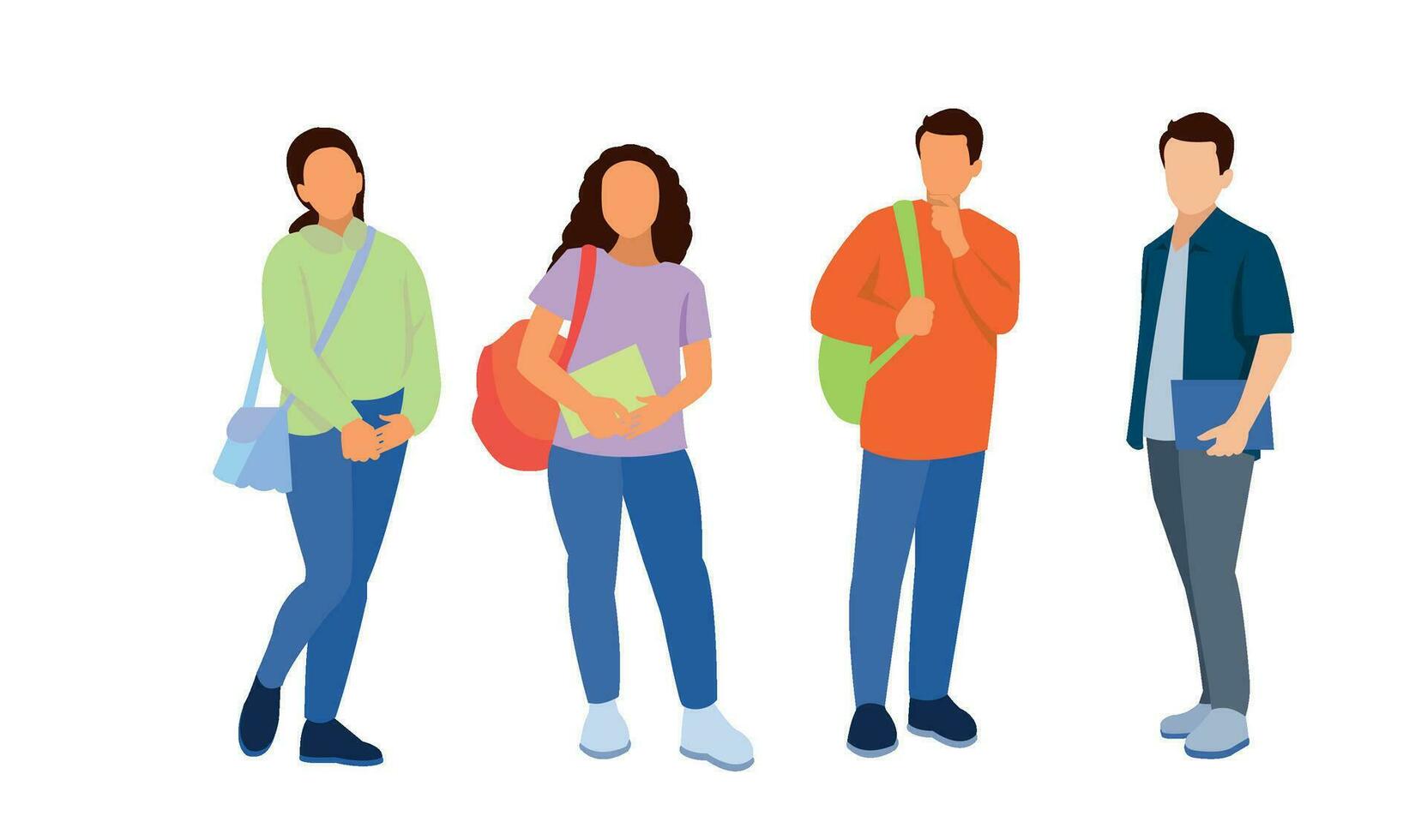 Group of multicultural students flat vector illustration. Young girls and boys holding books and laptop isolated characters on white background. Happy teenager in casual clothes. Youth lifestyle