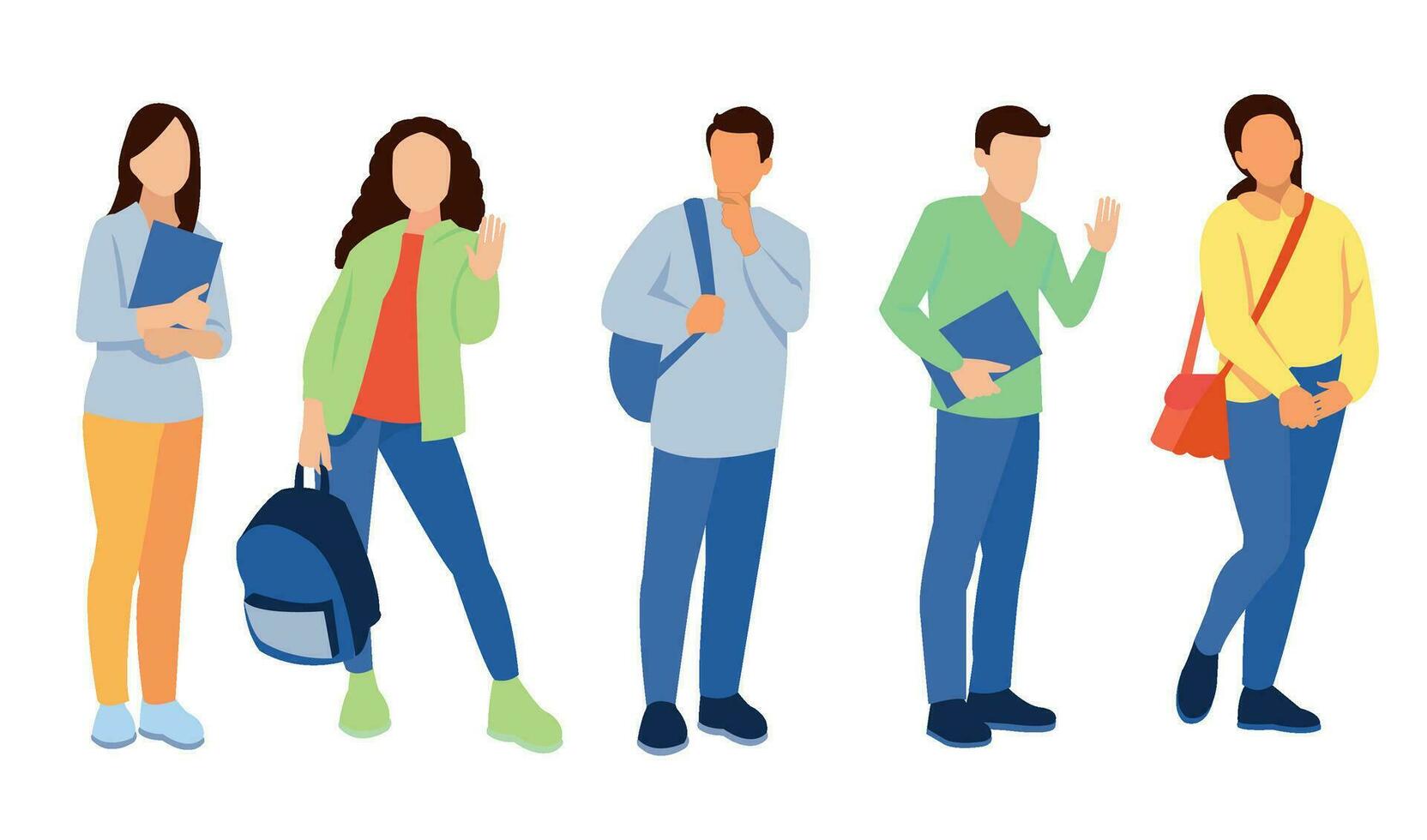 Group of multicultural students flat vector illustration. Young girls and boys holding books and laptop isolated characters on white background. Happy teenager in casual clothes. Youth lifestyle