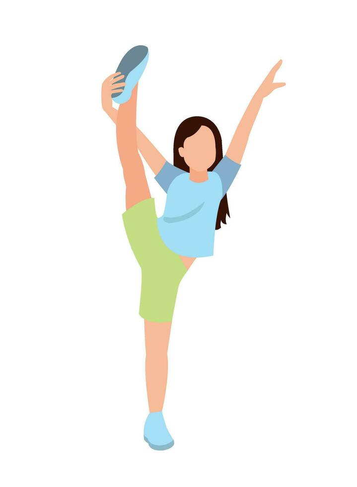 contento niña gimnasta haciendo ejercicio pequeño niño haciendo gimnasia. linda niño a gimnasio equilibrio postura. júnior acróbata capacitación. Deportes actividad. plano vector ilustración