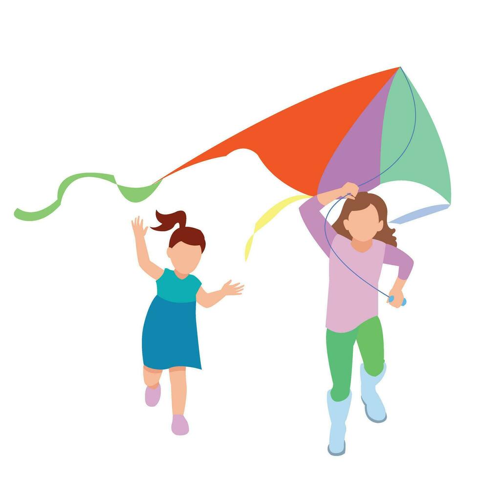 Kids playing kites. Vector illustration of children flying kites on the meadow